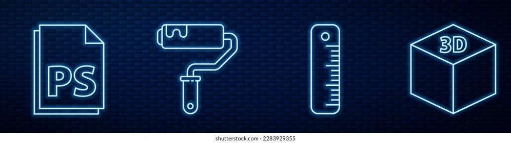 Set line Ruler, PS File document, Paint roller brush and Isometric cube. Glowing neon icon on brick wall. Vector