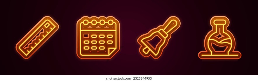 Fijar la línea Ruler, horario escolar, campana de sonido y tubo de ensayo. Icono de neón brillante. Vector