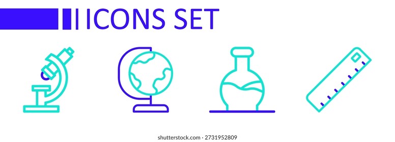 Fije la Regla de línea, tubo de ensayo, globo terráqueo e ícono del microscopio. Vector