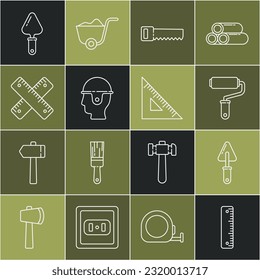 Set line Ruler, Trowel, Paint roller brush, Hand saw, Worker safety helmet, Crossed ruler,  and Triangular icon. Vector