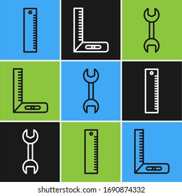 Set line Ruler, Wrench spanner and Corner ruler icon. Vector
