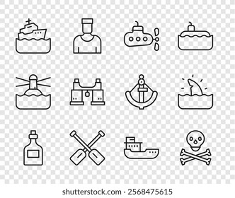 Set line Rum bottle, Skull on crossbones, Submarine, Paddle, Cruise ship, Binoculars, Cargo and Shark fin ocean wave icon. Vector