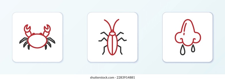 Set line Runny nose, Crab and Cockroach icon. Vector