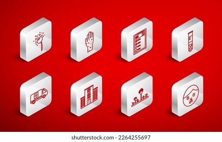 Set line Runny nose, Hand with psoriasis or eczema, Clinical record, Test tube flask, Mold, Flower producing pollen, Medical hospital building and Emergency car icon. Vector