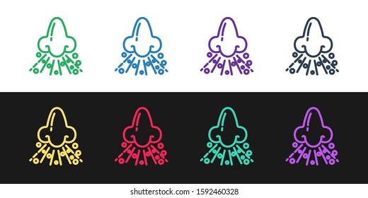 Set line Runny nose icon isolated on black and white background. Rhinitis symptoms, treatment. Nose and sneezing. Nasal diseases.  Vector Illustration