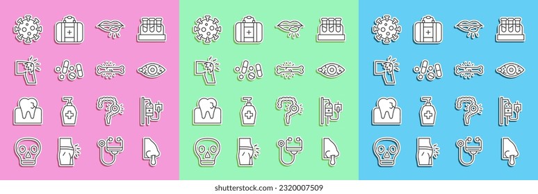 Set line Runny nose, IV bag, Reddish eye, Herpes lip, Medicine pill or tablet, Joint pain, knee pain, Virus and Bone icon. Vector