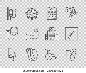 Nariz que gotea, dolor de la articulación, dolor de rodilla, gráfico de la prueba del ojo, dolor de muelas, bolso intravenoso, inhalador, silla de ruedas y cicatriz con el icono de la sutura. Vector
