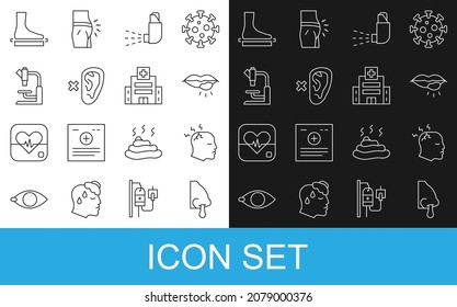 Set line Runny nose, Man having headache, Herpes lip, Inhaler, Deaf, Microscope, Flat foot and Medical hospital building icon. Vector