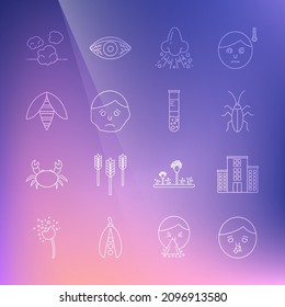 Set line Runny nose, Medical hospital building, Cockroach, Inflammation on face, Bee, Dust and Test tube and flask icon. Vector