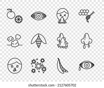 Set line Runny nose, Reddish eye allergic conjunctivitis, Handkerchief to his runny, Bacteria, Orange fruit, Bee, Kidney beans and icon. Vector