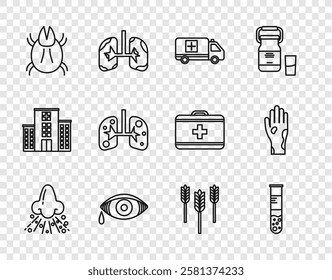 Set line Runny nose, Test tube and flask, Emergency car, Reddish eye allergic conjunctivitis, Parasite mite, Lungs, Wheat and Hand with psoriasis or eczema icon. Vector