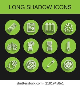 Set line Runny nose and virus, Stop, Pills in blister pack, Syringe, DNA symbol, Medical thermometer and  icon. Vector