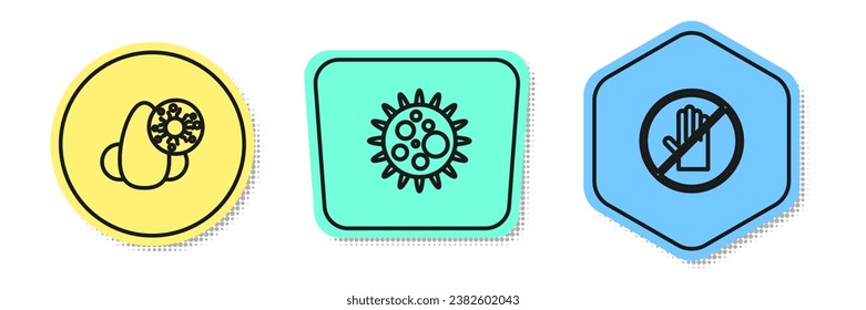 Set line Runny nose and virus, Virus and No handshake. Colored shapes. Vector