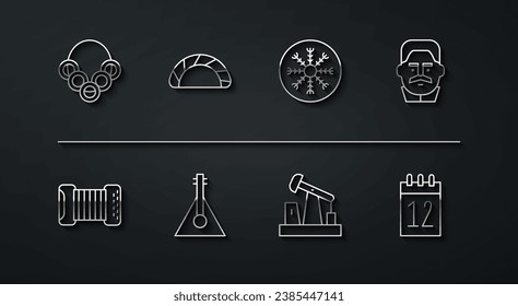 Set line Russian bagels, Accordion, Joseph Stalin, Oil pump pump jack, Balalaika, Dumpling, Calendar 12 june and Snowflake icon. Vector