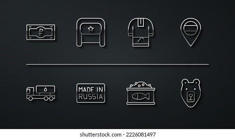 Set line Russian ruble banknote, Tanker truck, Location, Tin can with caviar, Made, Ushanka, Bear head and Kosovorotka icon. Vector