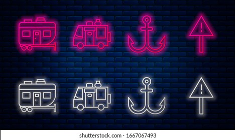 Set line Rv Camping trailer, Anchor, Rv Camping trailer and Exclamation mark in triangle. Glowing neon icon on brick wall. Vector