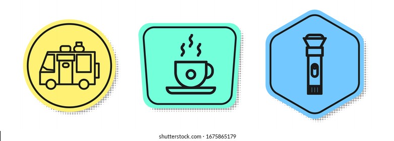 Set line Rv Camping trailer, Coffee cup and Flashlight. Colored shapes. Vector
