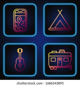 Set line Rv Camping trailer, Guitar, City map navigation and Tourist tent. Gradient color icons. Vector