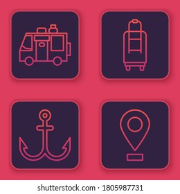 Set line Rv Camping trailer, Anchor, Suitcase and Location. Blue square button. Vector