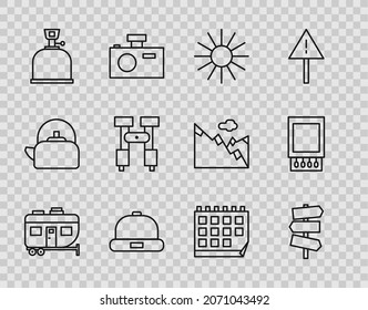 Set Line Rv Camping Trailer, Road Traffic Signpost, Sun, Beanie Hat, Gas Stove, Binoculars, Calendar And Open Matchbox And Matches Icon. Vector