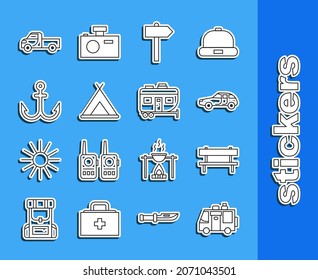Set Linie Rv Camping Anhänger, Bench, Auto, Straßenverkehrsschild, Touristenzelt, Anchor, Pickup LKW und Icon. Vektorgrafik