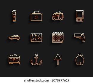 Set line Rv Camping trailer, Anchor, Flashlight, Exclamation mark triangle, Canteen water bottle, Folded map with location, Flare gun pistol and Calendar icon. Vector