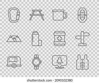 Set line Rv Camping trailer, Life jacket, metal mug, Smartwatch, Carabiner, Thermos container, Location of the forest and Road traffic signpost icon. Vector