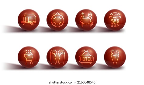 Set line Rv Camping trailer, Barbecue grill, Jellyfish, Signboard with text Hotel, Flip flops, Lifebuoy, Ice cream waffle cone and Crab icon. Vector
