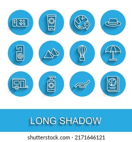 Set line Rv Camping trailer, Sunscreen spray bottle, Airline ticket, Sunbed and umbrella, Passport, Egypt pyramids, protective and Hot air balloon icon. Vector
