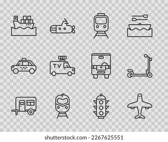 Set line Rv Camping trailer, Plane, Train and railway, Cargo ship with boxes, TV News car, Traffic light and Scooter icon. Vector