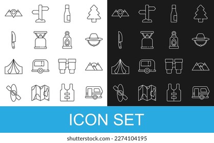 Set line Rv Camping trailer, Mountains, hat, Bottle of water, gas stove, Knife, Location mountains and lantern icon. Vector