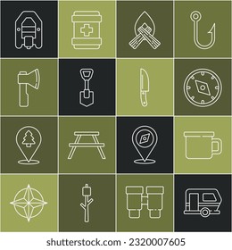 Set line Rv Camping trailer, metal mug, Compass, Campfire, Shovel, Wooden axe, Rafting boat and Knife icon. Vector