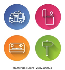 Set Line Rv Camping Anhänger, Lighter, Kreditkarte und Straßenverkehr Beschilderung. Farbkreisknopf. Vektorgrafik