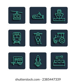 Set line Rv Camping trailer, Rocket ship with fire, Boat oars, Cargo, Scooter, Train and railway, Cable car and Tractor icon. Vector