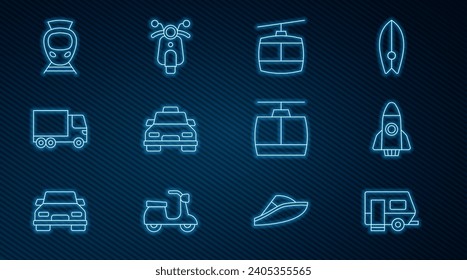 Set line Rv Camping trailer, Rocket ship, Cable car, Taxi, Delivery cargo truck, Tram and railway,  and Scooter icon. Vector
