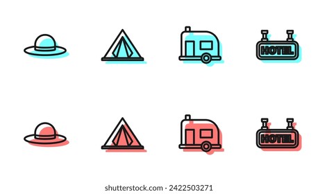 Set line Rv Camping trailer, Elegant women hat, Tourist tent and Signboard with text Hotel icon. Vector