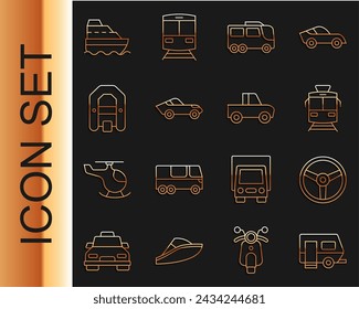Set line Rv Camping trailer, Steering wheel, Tram and railway, Bus, Car, Rafting boat, Cruise ship and Pickup truck icon. Vector
