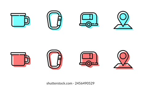 Set line Rv Camping trailer, metal mug, Carabiner and Location icon. Vector