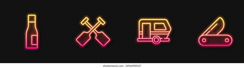 Set line Rv Camping trailer, Bottle of water, Paddle and Swiss army knife. Glowing neon icon. Vector