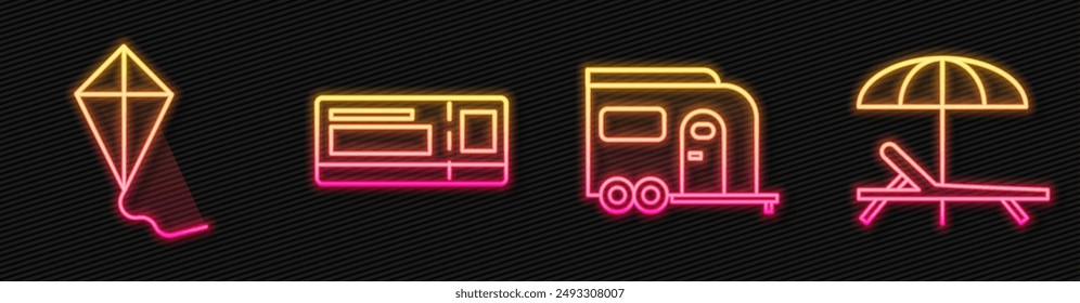 Set line Rv Camping trailer, Kite, Travel ticket and Sunbed and umbrella. Glowing neon icon. Vector
