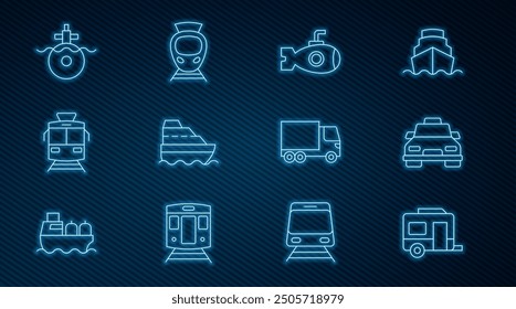 Set line Rv Camping trailer, Taxi car, Submarine, Cruise ship, Tram and railway, Delivery cargo truck and  icon. Vector