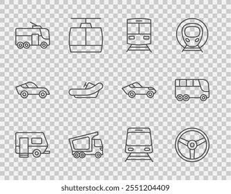 Set line Rv Camping trailer, Steering wheel, Train and railway, Delivery cargo truck, Trolleybus, Rafting boat,  and Bus icon. Vector