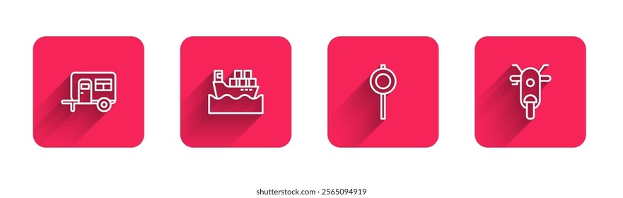 Set line Rv Camping trailer, Cargo ship with boxes, Road traffic signpost and Scooter with long shadow. Red square button. Vector