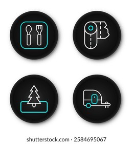 Set line Rv Camping trailer, Tree, Paper towel roll and Fork and spoon icon. Vector