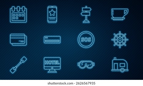 Set line Rv Camping trailer, Ship steering wheel, Road traffic sign, Air conditioner, Credit card, Calendar, Location with SOS and Mobile review rating icon. Vector