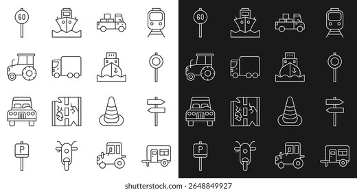 Remolque de camping Rv, señal de tráfico de carretera, camión de entrega, carga, tractor, límite de velocidad e icono de barco de carga. Vector