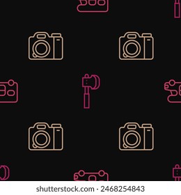 Set line RV motorhome vehicle, Photo camera and Wooden axe on seamless pattern. Vector