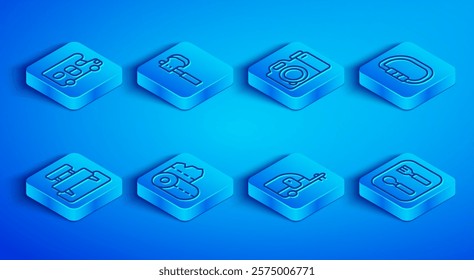 Set line RV motorhome vehicle, Wooden axe, Photo camera, Paper towel roll, Rv Camping trailer, Carabiner, Bench and Fork and spoon icon. Vector