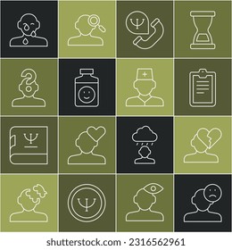 Set line Trauer und depressiver Mann, gebrochenes Herz oder Scheidung, Psychologische Prüfung, Online-psychologische Beratung, Antidepressiva, Menschen mit Fragezeichen, Reißbrei Auge und männliche Arzt Symbol. Vektorgrafik