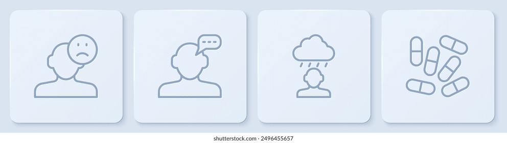 Set line Sad and depressed man, bad mood, Depression frustration, Online psychological counseling and Medicine pill or tablet. White square button. Vector